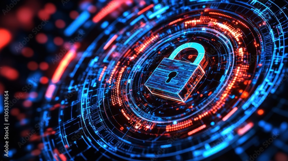 Poster digital padlock in glowing futuristic interface of blue and red tones. concept of cybersecurity and 
