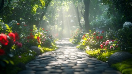 Fototapeta premium Sunlit stone path, floral garden, misty forest, magical scene, fantasy game background