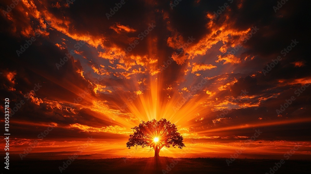 Poster a tree stands tall in a sunlit field with clouds filtering rays above