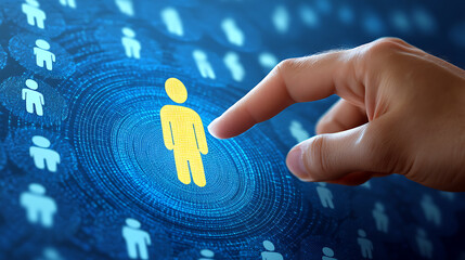 Human Resource Selection Futuristic Background Finger Tapping Golden Person Icon Selecting Talent Recruitment IT Business Technology Concept