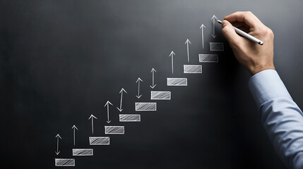Business Growth Chart Drawn on Blackboard Showing Career Steps Progress and Strategy by Hand - Chalkboard Success Concept