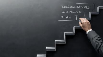 Success Steps Chalkboard Business Strategy Plan: Professional Hand Charts Growth Chart on Dark Wall Career Vision Conceptualization Planning