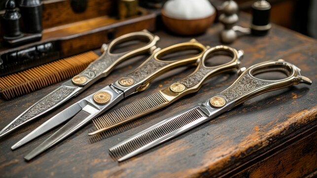 Ornate barber shears and combs on a vintage wooden table