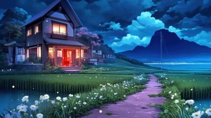 Tranquil Japanese countryside night scene with traditional house and glowing fireflies