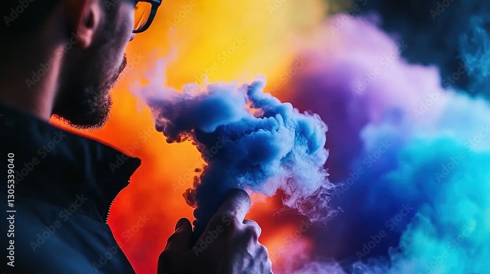 Poster a man with a pipe inhales as multicolored clouds swirl in the starlit sky above him