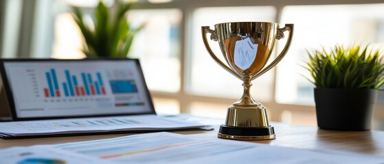 A shiny trophy sits proudly on a wooden desk, surrounded by papers and a digital display of graphs, symbolizing achievement and success.