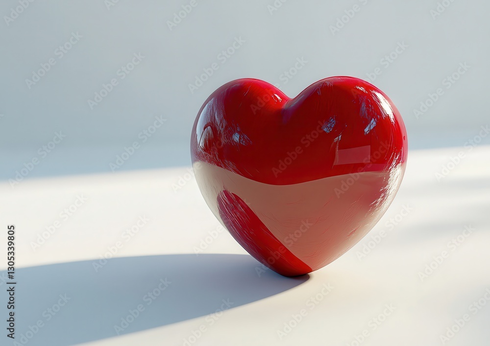 Poster glossy red heart shape object on white surface with soft shadows captured in natural light for creat