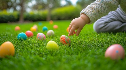 A young child reaches for colorful Easter eggs scattered on green grass during a sunny outdoor egg hunt.