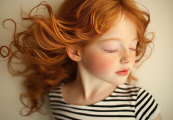 Naklejka premium Close-up portrait of a girl with natural copper-red wavy hair, styled without bangs, wearing a striped white and black T-shirt, gazing at the camera with soft studio lighting and a gradient background