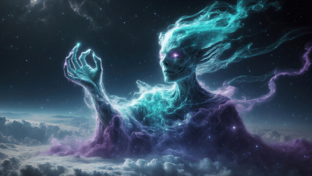 Surreal cosmic figure reaching out from a mystical cloud realm during a vibrant celestial event
