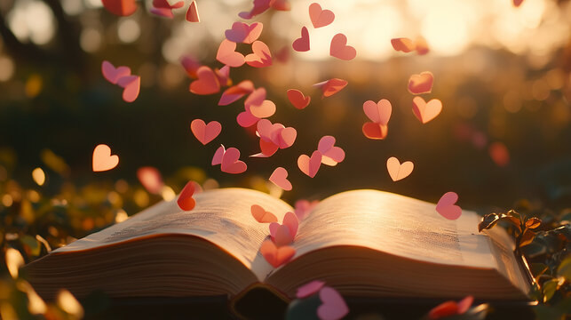 open book with floating hearts &ndash; romantic literary concept for love stories and creative designs