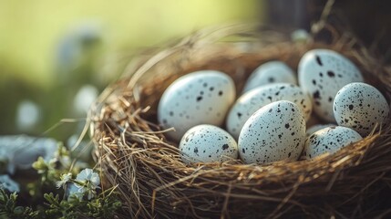 Speckled eggs in a nest with delicate white flowers.