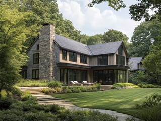 Obraz premium Beautiful large home nestled peacefully among lush green trees
