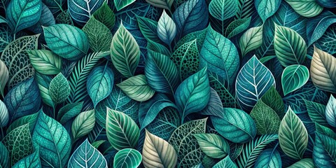 Deep Teal and Emerald Green Lush Foliage Seamless Pattern, Botanical Illustration with Intricate Leaf Details for Textile, Wallpaper, or Surface Design