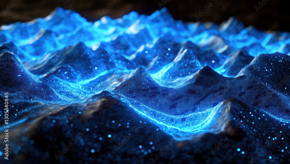 Poster glowing blue waves of light over smooth terrain with sparkling particles and undulating curves, capt