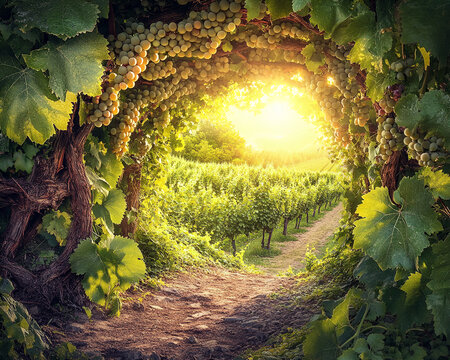 Sunlight streams through grapevine archway, revealing vineyard path&Acirc;&nbsp;leading to a bright horizon, symbolizing journey, harvest, or nature's bounty