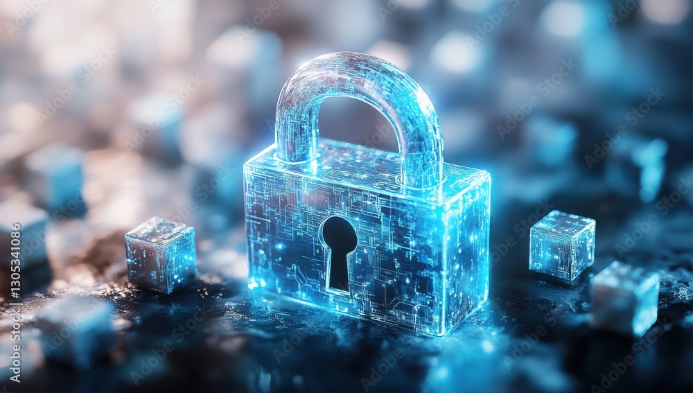Aufkleber glowing digital lock surrounded by tech blocks in a futuristic cyber environment with soft focus and