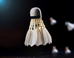 dynamic motion of badminton shuttlecock in mid air with focus on feathers and cork base