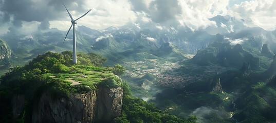 A wind turbine at the edge of a cliff, harnessing the strong updrafts to generate clean energy 