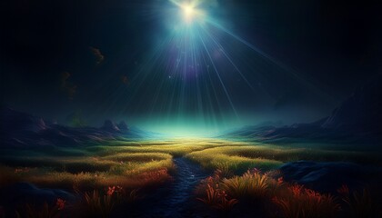 a dark field with a bright light shining down on it