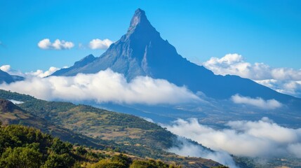 Fototapeta premium Mount Meru Landscape: Majestic Volcanic Peak Above Clouds in Arusha, Tanzania
