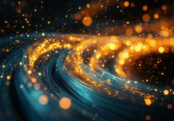 Obraz premium Glowing Particles and Wavy Light Trails in a Stunning Abstract Background with Bright Gold and Blue Colors for Creative Use