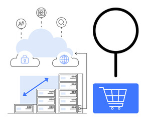 Network servers scaling with cloud icons, security, e-commerce cart, magnifying glass for data insights. Ideal for technology, e-commerce, cloud services, scalability, data security online shopping