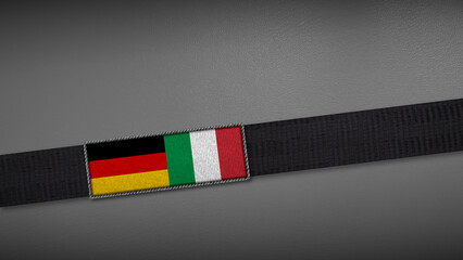 3D rendering of two flag from Germany and Italy on a dark band, symbolizing political relations, diplomacy, or conflict. simple, clean Gray background for focus, seriousness, formality