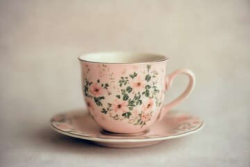 Fototapeta premium Delicate porcelain tea cup with floral design resting on matching saucer