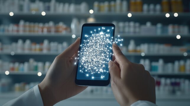 Doctor interacts with smartphone in pharmacy while managing e-prescriptions, illustrating online healthcare convenience - Powered by Adobe