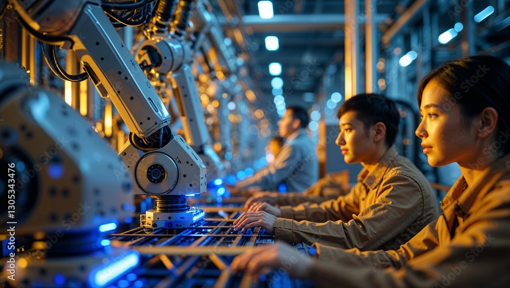Poster advanced robotic assembly line showcasing workers collaborating with machines in a modern factory se