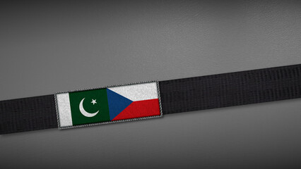 3D rendering of two flag from Pakistan and Czech Republic on a dark band, symbolizing political relations, diplomacy, or conflict. simple, clean Gray background for focus, seriousness, formality