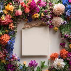 A beautifully arranged floral border featuring an array of vibrant fresh flowers in shades of pink, orange, blue, yellow, and purple