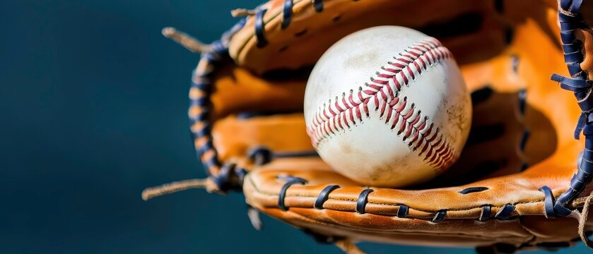 A close-up of a baseball resting in a leather glove, showcasing the intricate stitching against a blurred background. - Powered by Adobe