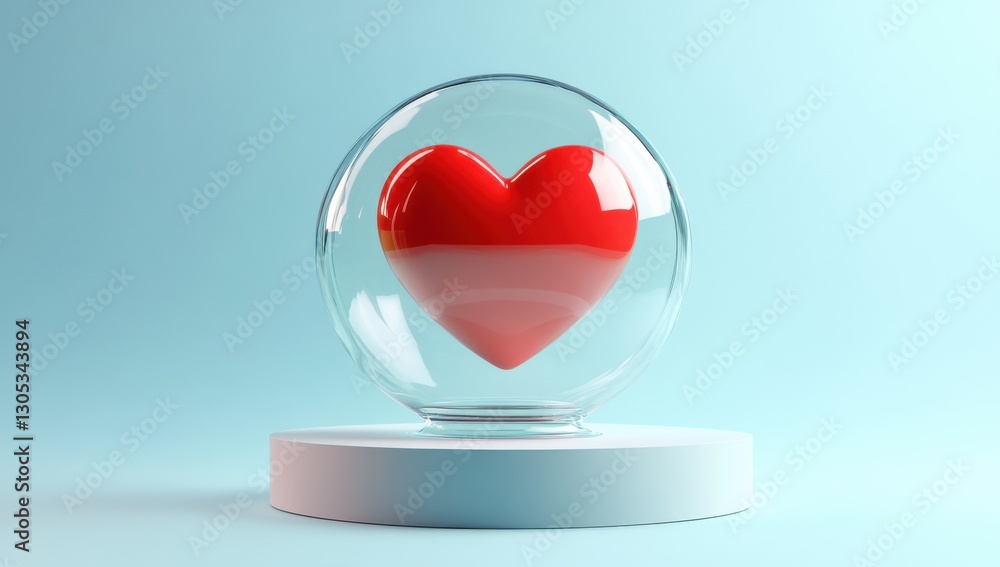 Poster heart shape in glass sphere displayed on a simple pedestal with soft blue background creating a sere