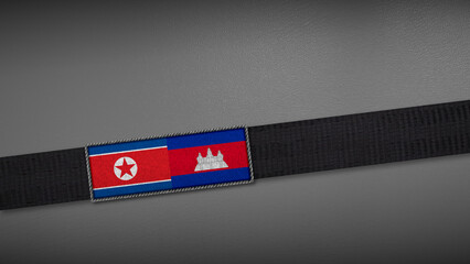 3D rendering of two flag from North Korea and Cambodia on a dark band, symbolizing political relations, diplomacy, or conflict. simple, clean Gray background for focus, seriousness, formality
