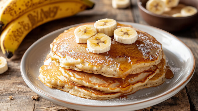 fluffy pancakes with caramelised banana on a rustic wooden table