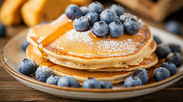 fluffy blueberry pancakes on a rustic wooden table