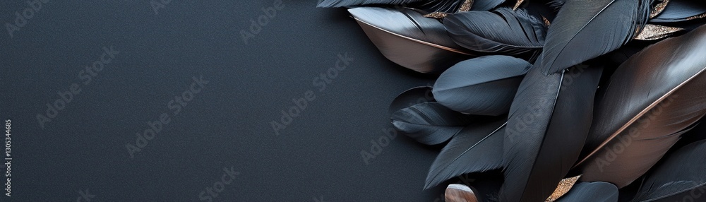 Poster lush black backdrop features soft feathers and chrome botanical elements combining fine-art elegance