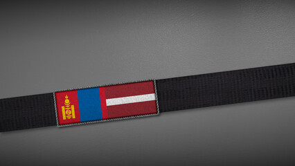 3D rendering of two flag from Mongolia and Latvia on a dark band, symbolizing political relations, diplomacy, or conflict. simple, clean Gray background for focus, seriousness, formality