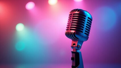 Vintage microphone with colorful bokeh background