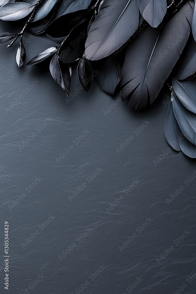 Poster luxurious black botanical backdrop showcases delicate black feathers woven with shiny chrome element