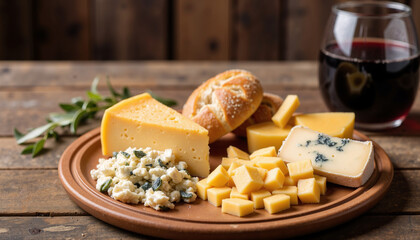 Assorted gourmet cheese platter with bread and red wine