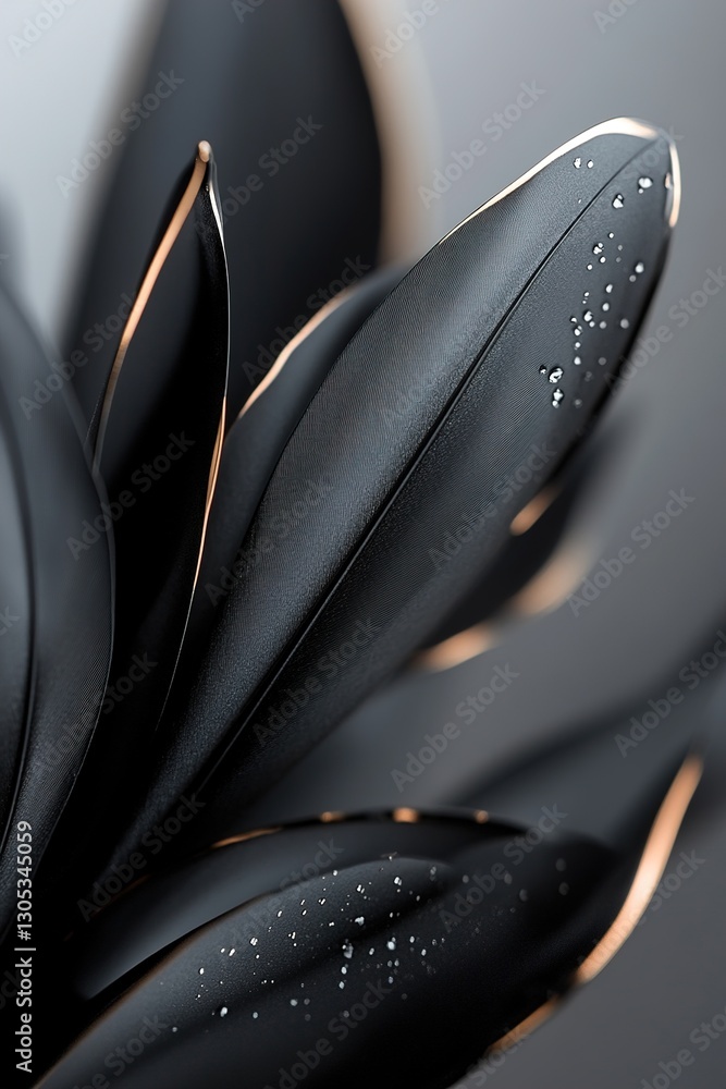 Aufkleber experience a luxurious black botanical background adorned with smooth feathers and chrome elements, 