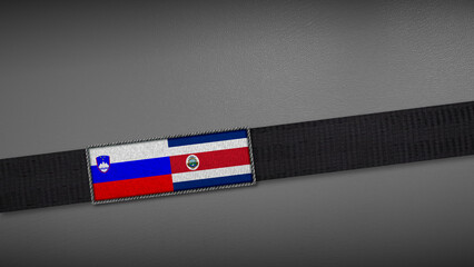 3D rendering of two flag from Slovenia and Costa Rica on a dark band, symbolizing political relations, diplomacy, or conflict. simple, clean Gray background for focus, seriousness, formality