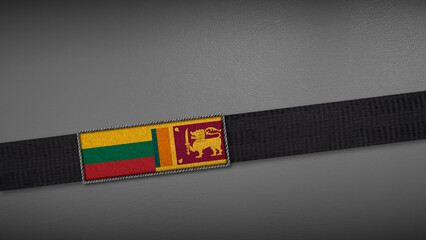 3D rendering of two flag from Lithuania and Sri Lanka on a dark band, symbolizing political relations, diplomacy, or conflict. simple, clean Gray background for focus, seriousness, formality