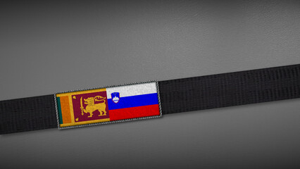 3D rendering of two flag from Sri Lanka and Slovenia on a dark band, symbolizing political relations, diplomacy, or conflict. simple, clean Gray background for focus, seriousness, formality