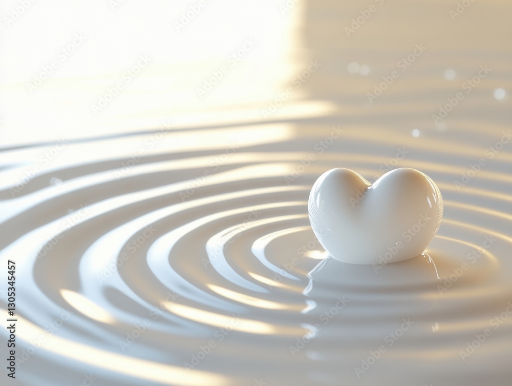 Poster heart-shaped object floating on serene water surface with gentle ripples and soft highlights creatin