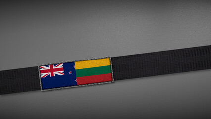 3D rendering of two flag from New Zealand and Lithuania on a dark band, symbolizing political relations, diplomacy, or conflict. simple, clean Gray background for focus, seriousness, formality