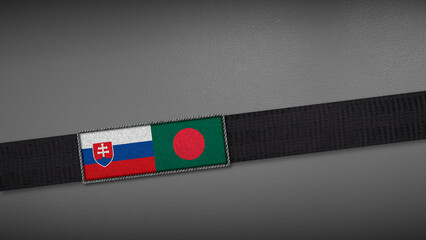 3D rendering of two flag from Slovakia and Bangladesh on a dark band, symbolizing political relations, diplomacy, or conflict. simple, clean Gray background for focus, seriousness, formality